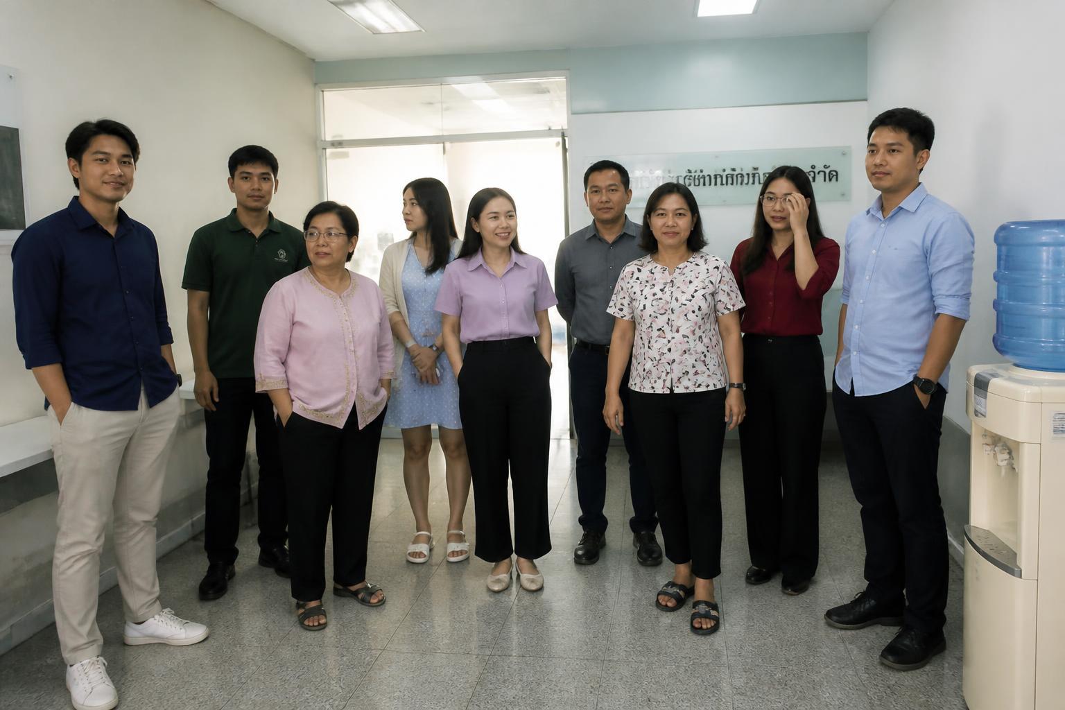 ภาพหมู่ทีมงานสำนักงานบัญชีแปดคนในออฟฟิศ
