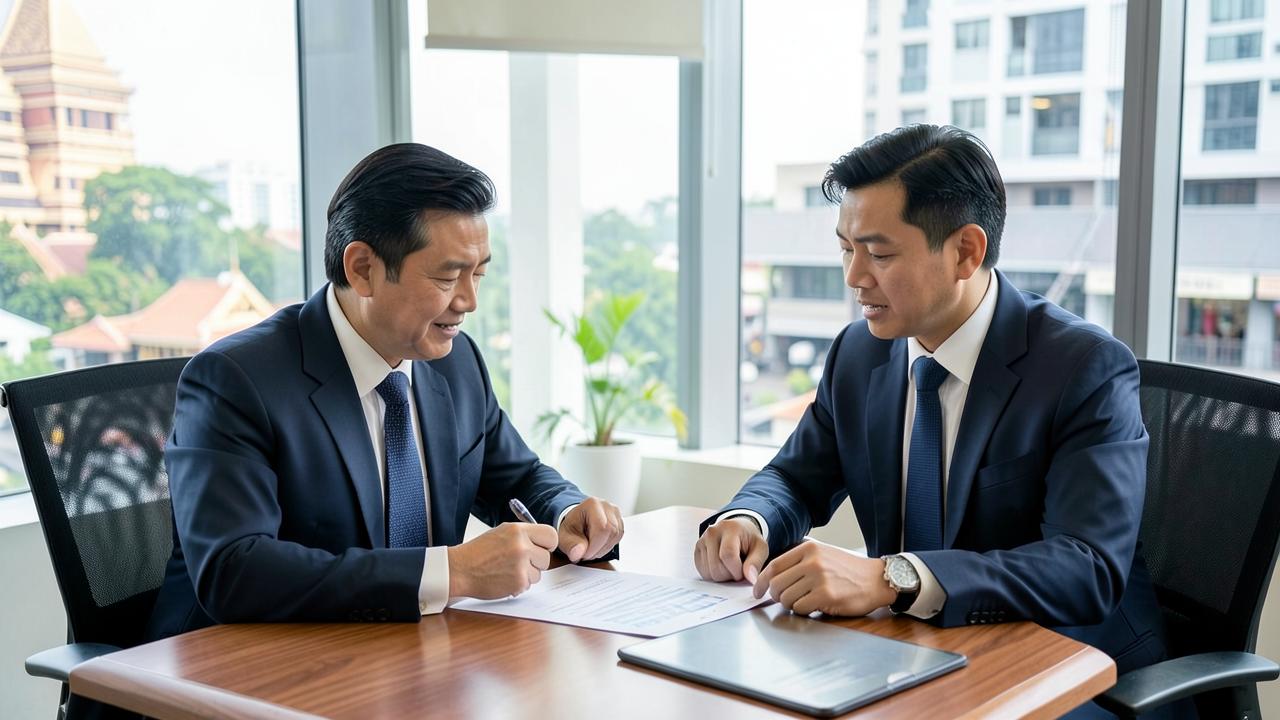 ผู้บริหารต่างชาติกับนักบัญชีไทยอ่านงบการเงินฉบับเดียวกันในสำนักงานกรุงเทพฯ — ภาพประกอบกรณีศึกษา โรงงานญี่ปุ่น BOI: ผ่านการตรวจปีแรกโดยไม่เสียสิทธิยกเว้นภาษี