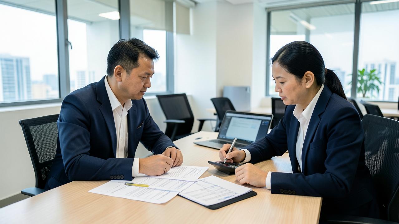 ทีมภาษีสองคนกำลังทบทวนแบบยื่นภาษีและตัวเลขบนโต๊ะประชุม — ภาพประกอบกรณีศึกษา โรงแรมบูทีค: ตอบหนังสือเชิญพบสรรพากรเรื่องรายได้ห้องพักไม่ตรงกับ OTA