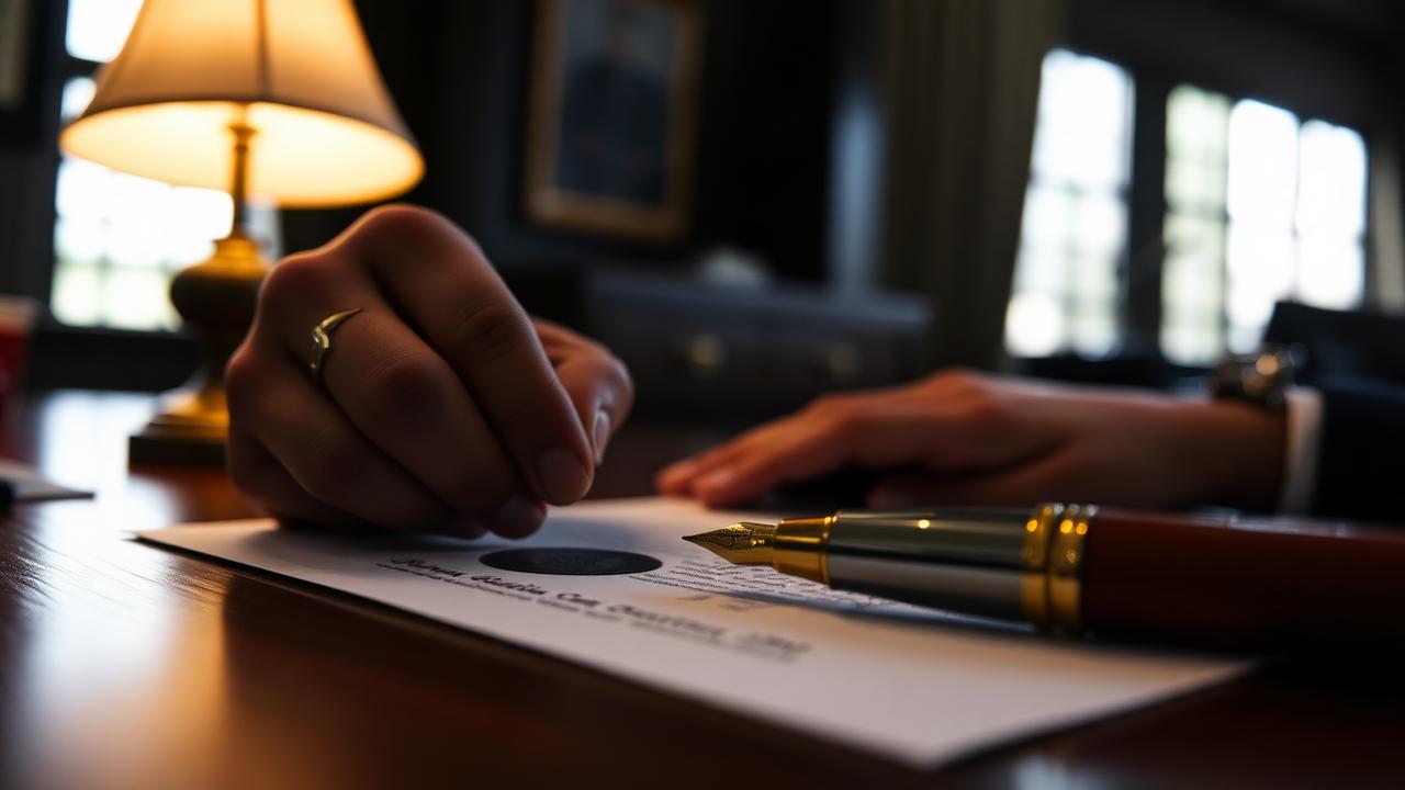 ทนายความรับรองลายมือชื่อและประทับตรารับรองเอกสารบนโต๊ะทำงาน