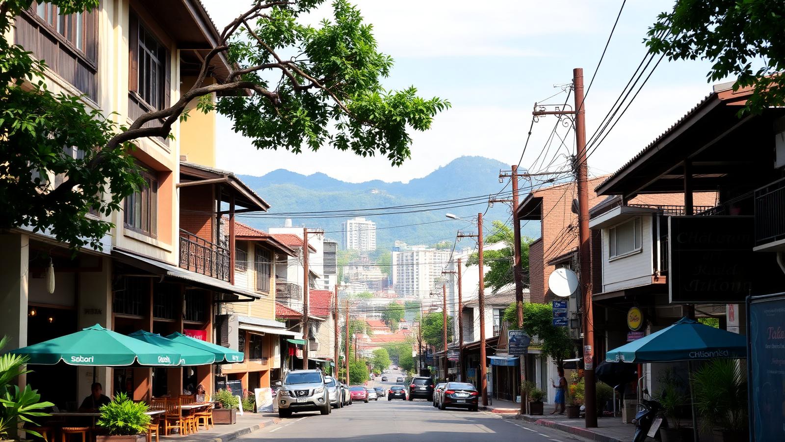 ย่านธุรกิจเมืองเชียงใหม่ ร้านกาแฟและออฟฟิศขนาดเล็กพร้อมฉากภูเขา