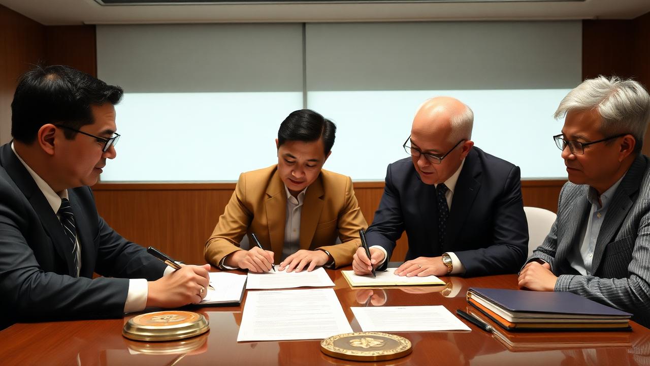 กรรมการบริษัทลงนามเอกสารจดทะเบียนเปลี่ยนแปลงในห้องประชุมพร้อมที่ปรึกษาชี้แจงข้อความ
