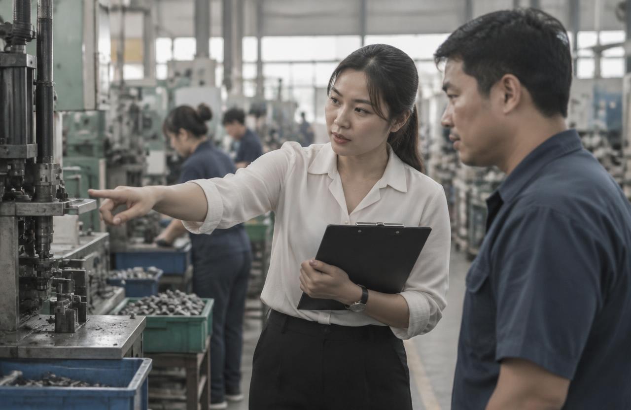 นักบัญชีต้นทุนถือคลิปบอร์ดยืนคุยกับหัวหน้าฝ่ายผลิตข้างเครื่องจักรในโรงงาน