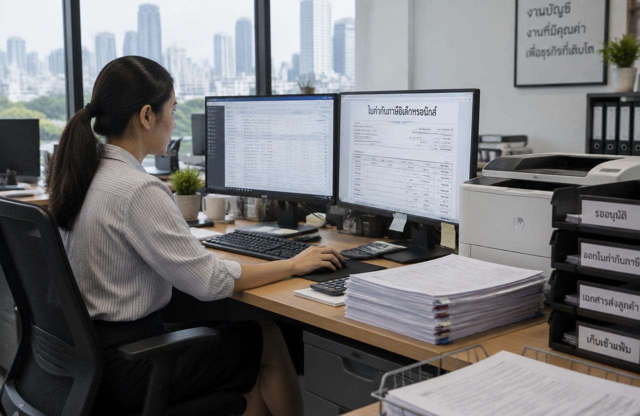 พนักงานบัญชีออกใบกำกับภาษีอิเล็กทรอนิกส์บนจอคอมพิวเตอร์ ข้างกันมีแฟ้มใบกำกับกระดาษที่เลิกใช้แล้ว