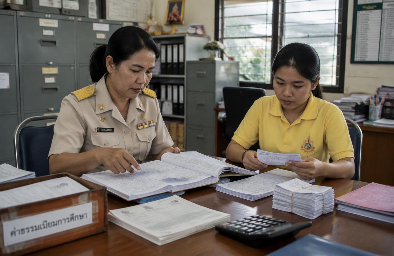 เจ้าหน้าที่การเงินโรงเรียนและนักบัญชีตรวจสมุดทะเบียนค่าเล่าเรียนกับใบเสร็จบนโต๊ะในห้องธุรการ
