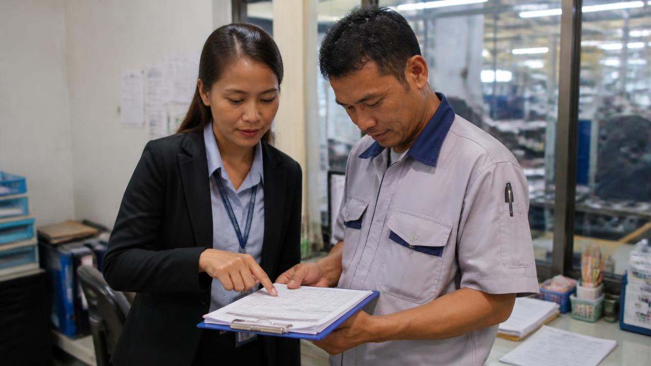 ผู้จัดการฝ่ายบุคคลและหัวหน้างานตรวจบันทึกเวลาทำงานและค่าล่วงเวลาบนคลิปบอร์ดข้างสำนักงานหน้าไลน์ผลิต