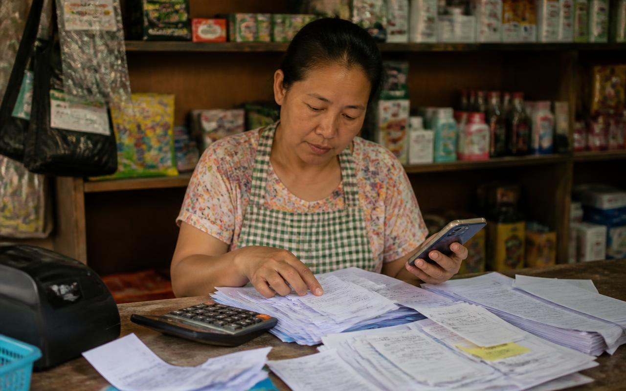เจ้าของร้านค้ารายย่อยจัดใบเสร็จและแบบภาษีบนเคาน์เตอร์พร้อมเครื่องคิดเลขและแอปธนาคารบนมือถือ