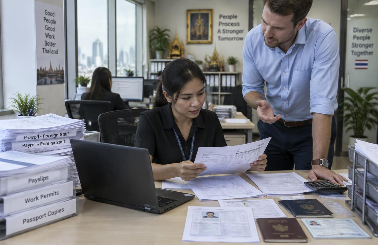 เจ้าหน้าที่เงินเดือนตรวจสลิปของพนักงานต่างชาติ ข้างแฟ้มใบอนุญาตทำงานและสำเนาหนังสือเดินทาง