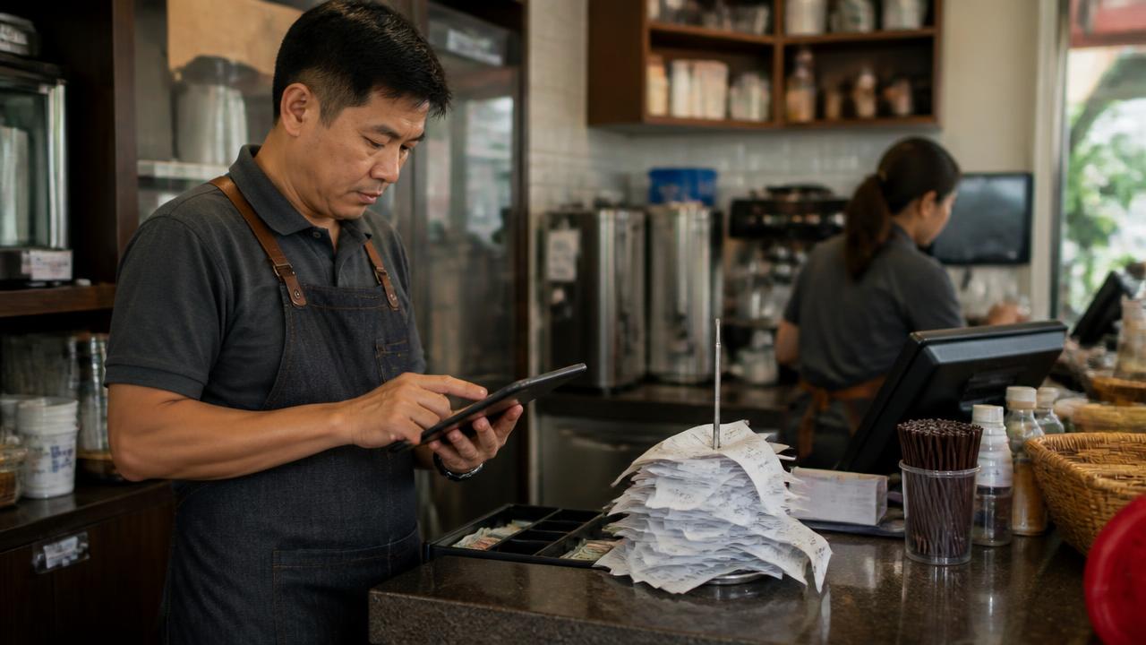 ผู้จัดการร้านสาขาแฟรนไชส์ตรวจรายงานยอดขายประจำวันบนแท็บเล็ตที่เคาน์เตอร์
