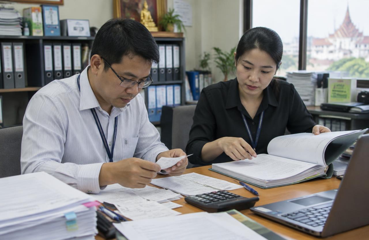 นักบัญชีและเจ้าหน้าที่โครงการตรวจใบเสร็จรายจ่ายเทียบกับแฟ้มสัญญารับทุนบนโต๊ะทำงาน