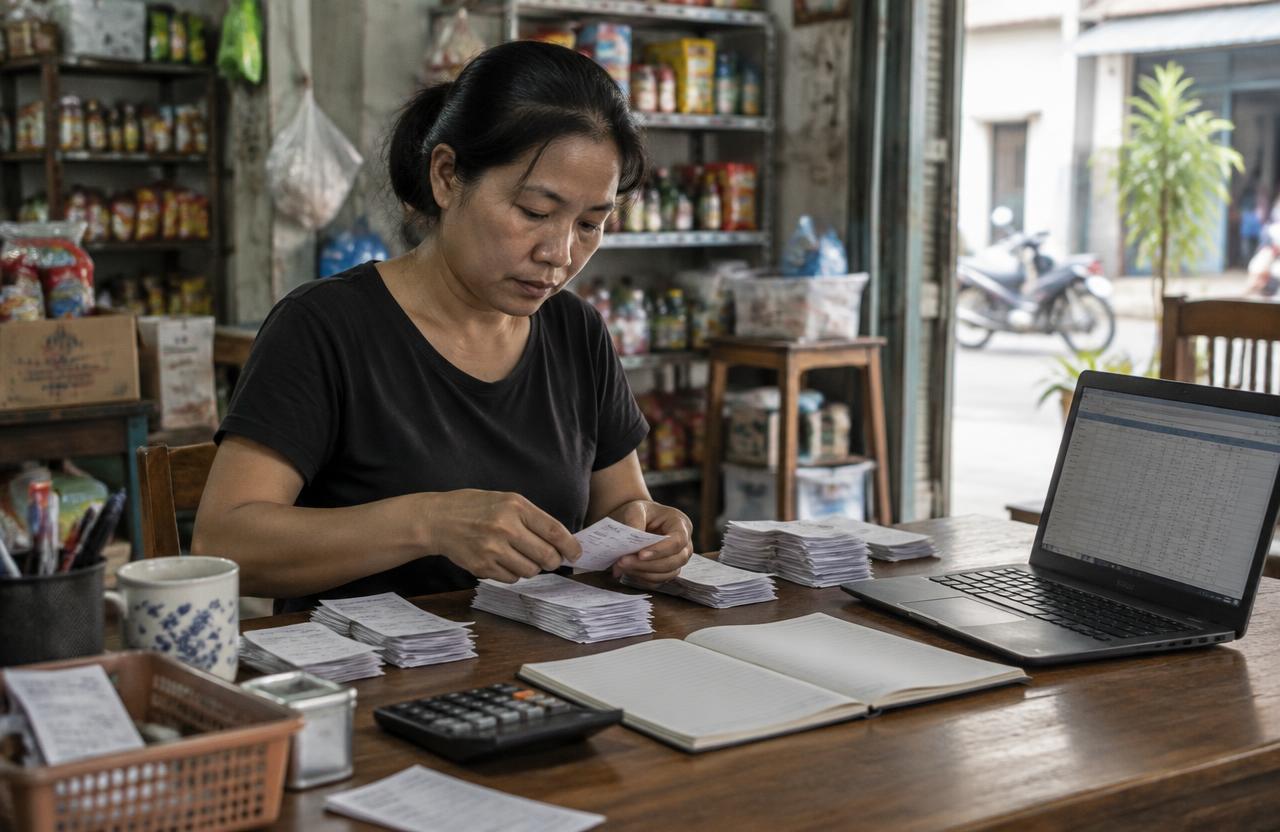 เจ้าของร้านค้าย่านชานเมืองนั่งคัดแยกใบเสร็จเป็นกองข้างสมุดบันทึกและเครื่องคิดเลขบนโต๊ะไม้