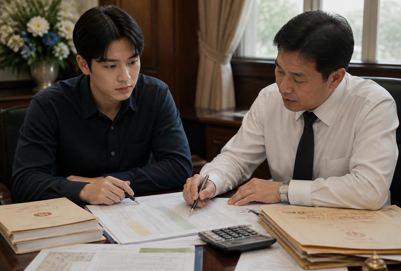 ทายาทและที่ปรึกษาไล่รายการทรัพย์มรดกพร้อมโฉนดที่ดินและเครื่องคิดเลขบนโต๊ะทำงาน
