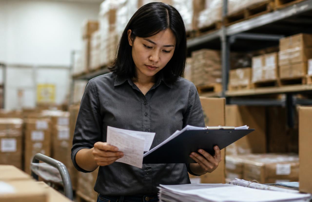 ผู้ตรวจสอบภายในยืนเทียบใบอนุมัติสั่งซื้อกับรายงานสินค้าคงคลังในคลังสินค้า