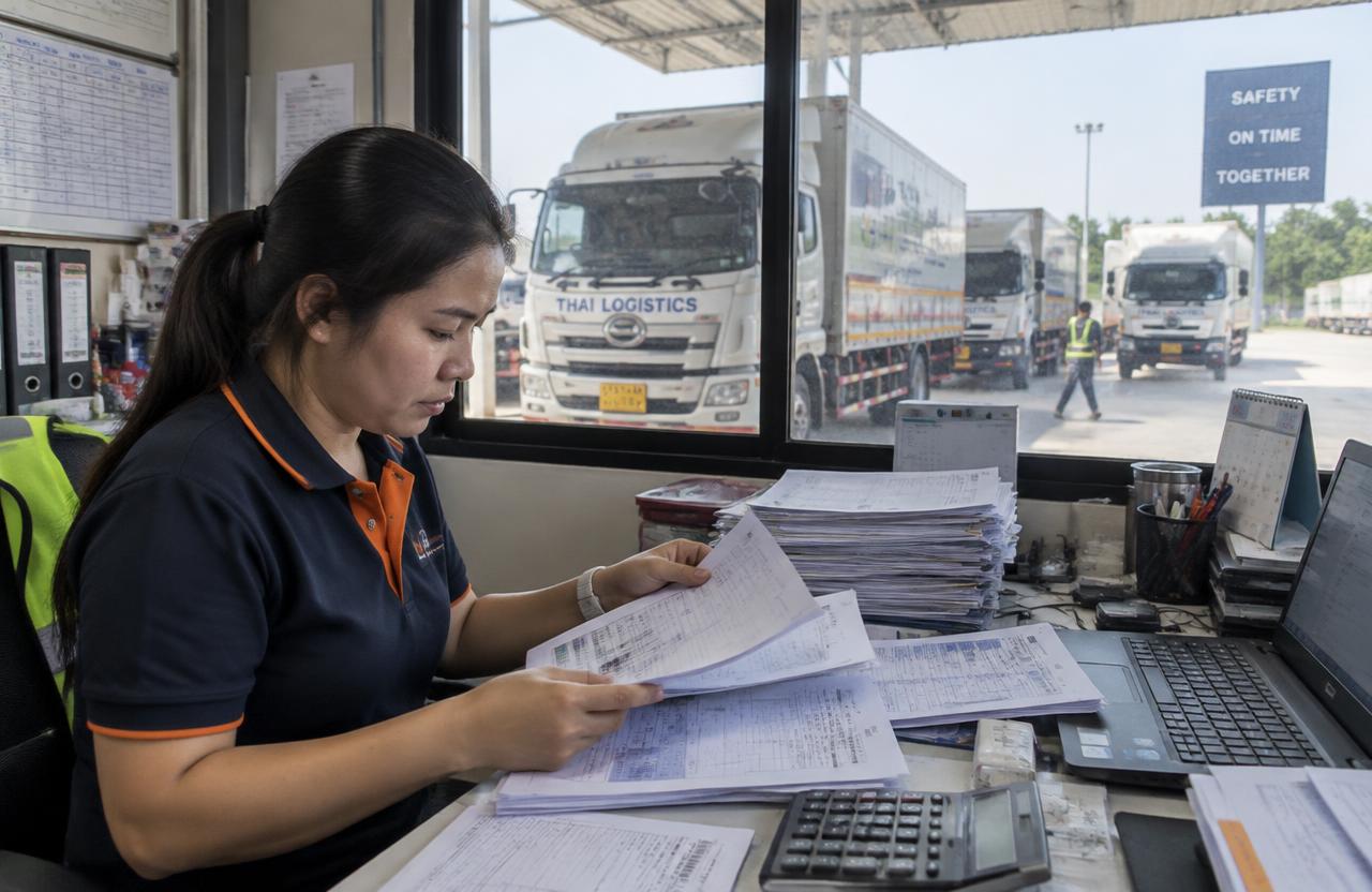 เจ้าหน้าที่บัญชีขนส่งตรวจเอกสารค่าน้ำมันและใบส่งของในสำนักงานที่มองเห็นลานจอดรถบรรทุก