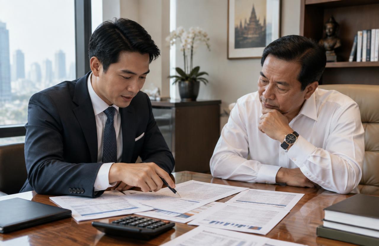 ที่ปรึกษาภาษีชี้ตารางเงินได้หลายประเภทให้ลูกค้าดูบนโต๊ะไม้ในห้องประชุมย่านใจกลางกรุงเทพ