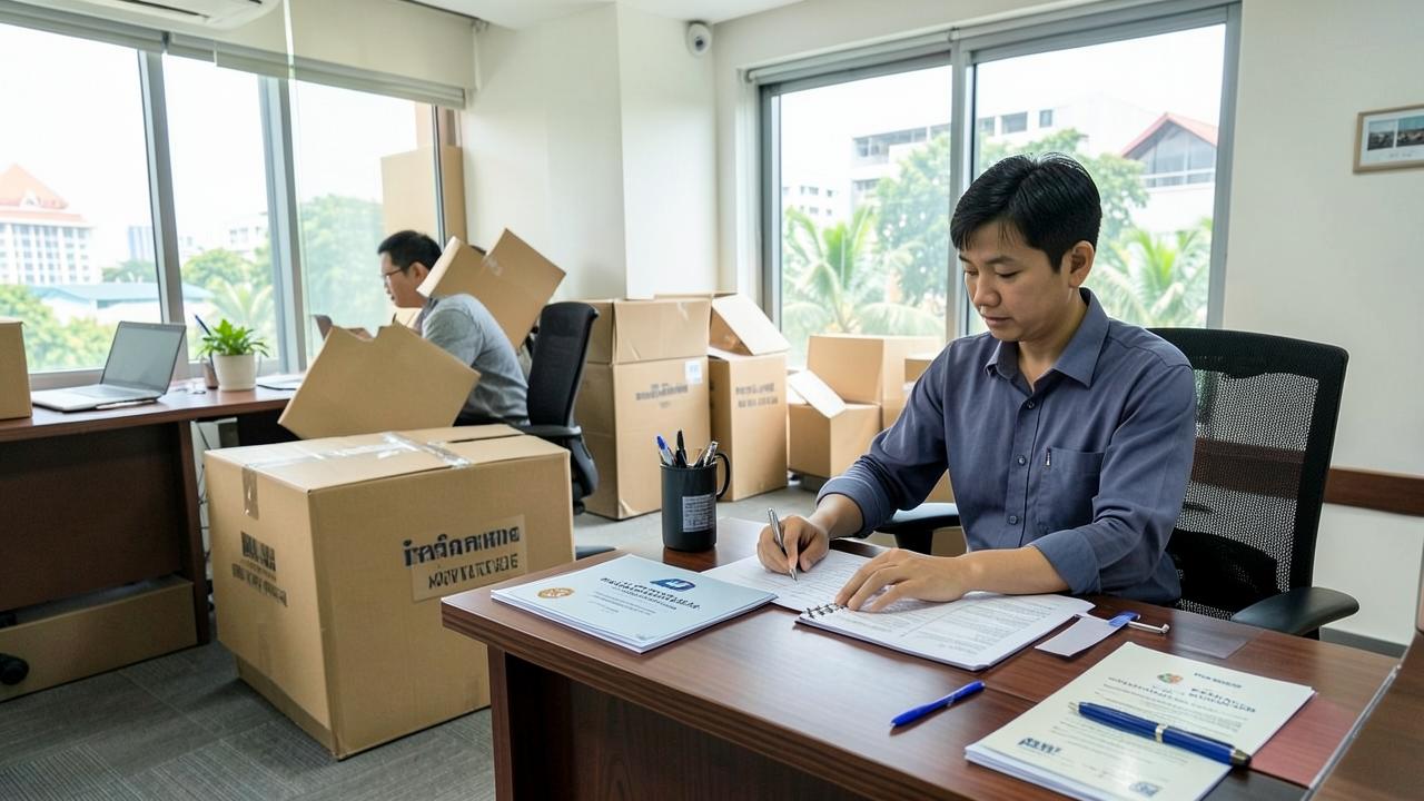 พนักงานกรอกเอกสารแจ้งเปลี่ยนที่อยู่จดทะเบียนบริษัทระหว่างการย้ายสำนักงาน