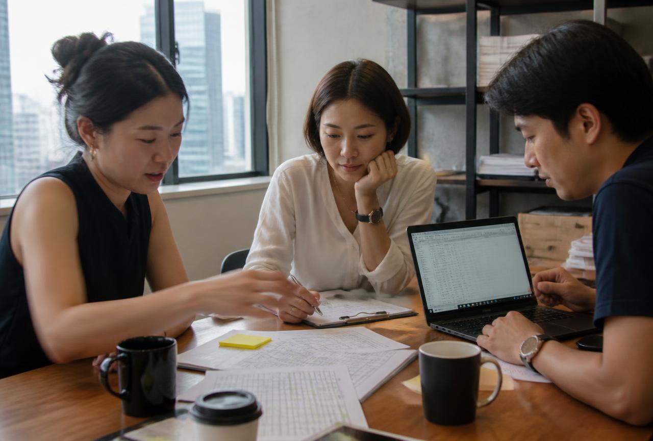 ทีมที่ปรึกษาสามคนนั่งตรวจใบบันทึกชั่วโมงทำงานและตารางค่าบริการบนโน้ตบุ๊กในออฟฟิศเล็ก