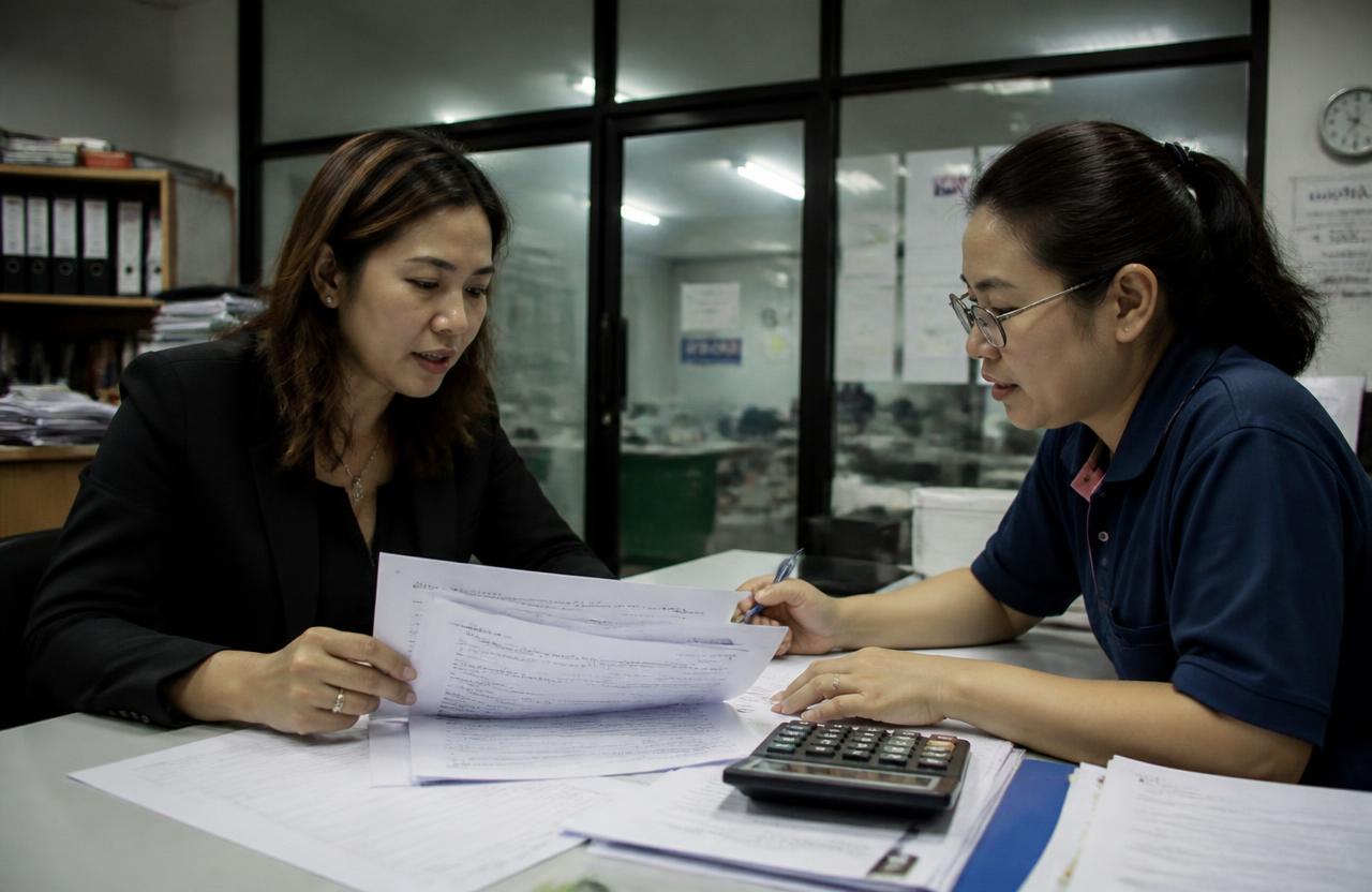 เจ้าของกิจการและผู้ทำบัญชีนั่งตรวจเอกสารประกอบคำร้องขอคืนภาษีร่วมกันที่โต๊ะประชุม